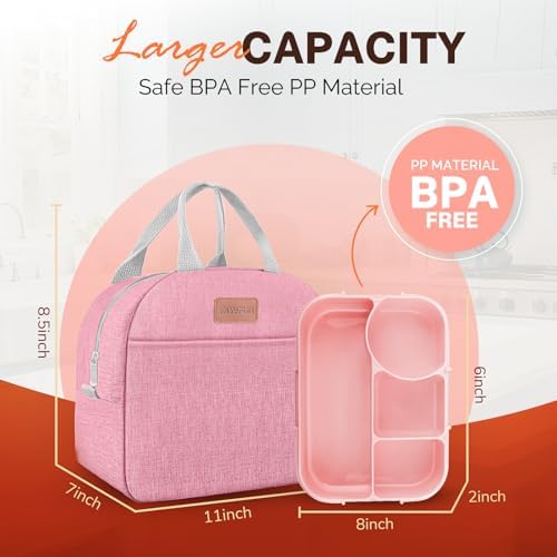 EASYFUN Bento Lunch Box Set Bento Box, 4-Compartment Lunch Containers,High Capacity Lunch Tote Bags for Work, Travel, Outdoor (Pink)