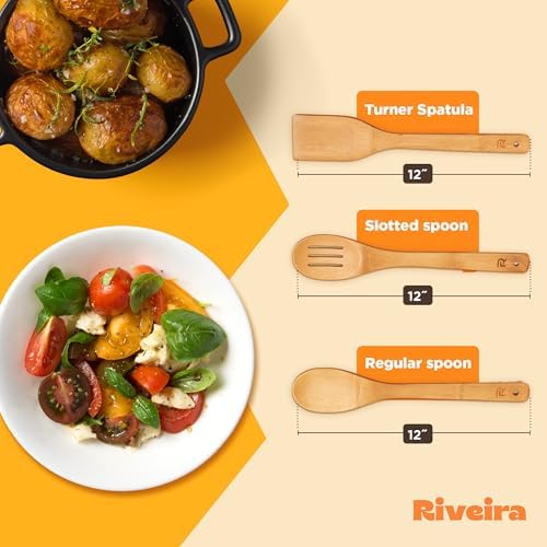Riveira Bamboo Wooden Spoons for Cooking 3-Piece, Apartment Essentials Wood Spatula Spoon Nonstick Kitchen Utensil Set Premium Quality Housewarming Gifts for Everyday Use