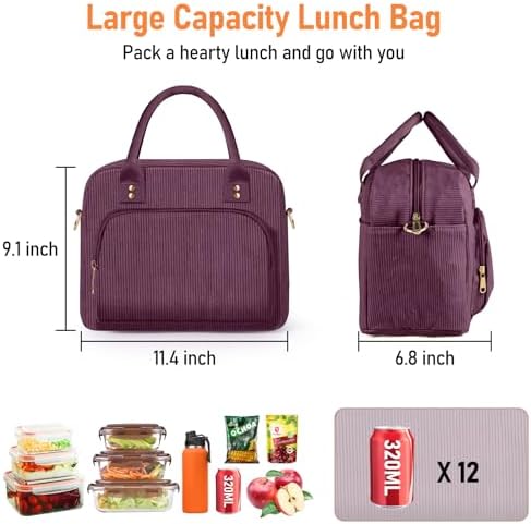 Lunch Bag Large Insulated Lunch Box for Women Men Adult Cute Purple Lunchbox Corduroy Lunch Bags Boxes Pail with Adjustable Shoulder Strap for Work Mom Picnic Office Travel 11.4×6.8×9.1 inches 11.5L