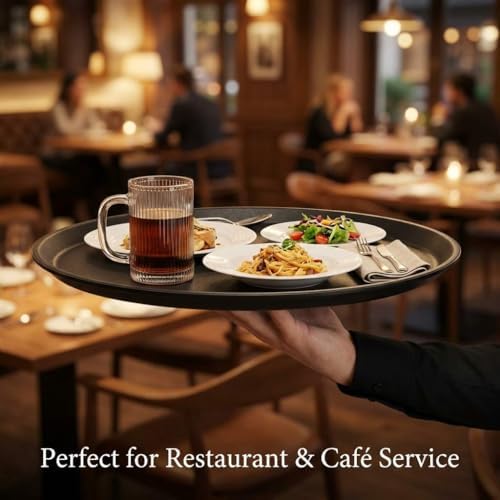 QWORK 16-Inch Round Non-Slip Serving Trays – 4 Pack Rubber Surface Plastic Tray Set for Restaurant, Café & Bar