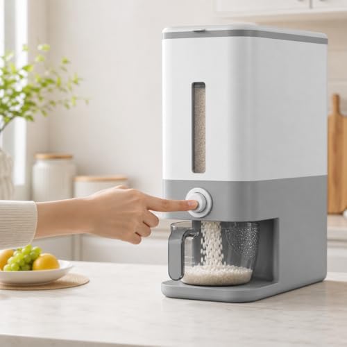 Proarea Rice Dispenser 25 Lbs, Airtight Grain Rice Storage Container with Measuring Cup, One-Touch Dry Food Dispenser for Kitchen Pantry, Clear Scale Window, Graphite Gray