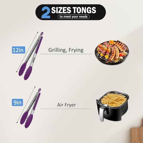 Cooking Tongs with Silicone Tips, Set of 2(9" & 12"), Purple