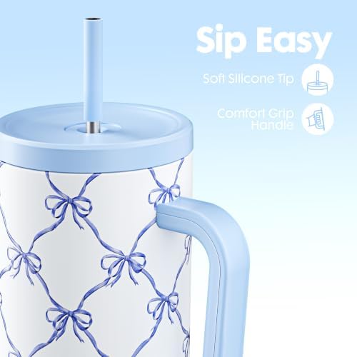 Meoky Glow in the Dark Tumbler: 40 oz Tumbler with Handle and Straw- Stainless Steel Insulated Tumbler for Car Cup Holders - Travelers Commuters Workers (1 Pack, Blue Bow)