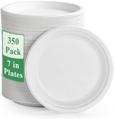 Vplus 350 Pack Compostable Bagasse Paper Plates 6.9 inch, White