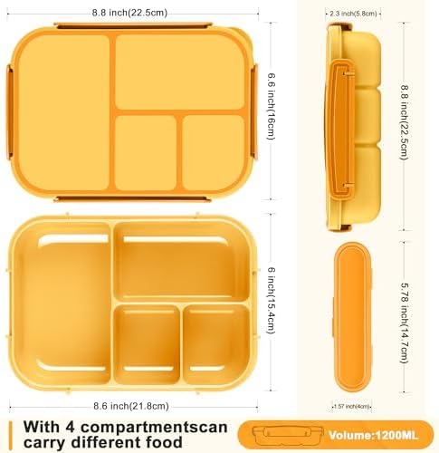 Amathley Lunch Box Kids,Bento Box Adult,Leakproof Lunch Containers for Adults/Kids/Toddler,1200ML-4 Compartments bento Lunch box with Utensil,Microwave & Dishwasher & Freezer Safe (Yellow)