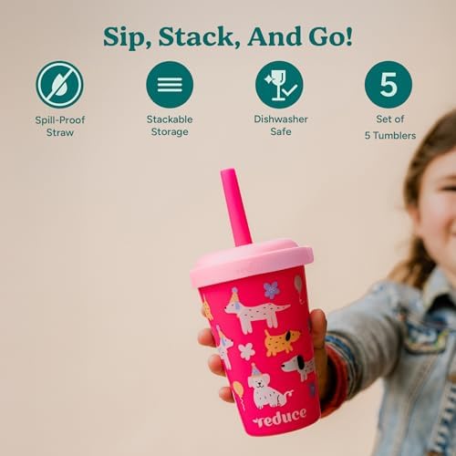 REDUCE GoGo's Kids 5-Pack 12oz Tumbler Cups with Lids & Spill-Proof Straws