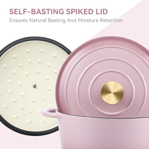 Miereirl 4.5 Quart Enameled Dutch Oven Pot with Lid, Cast Iron Dutch Oven with Dual Handles for Bread Baking, Cooking, Non-stick Enamel Coated Cookware, Pink