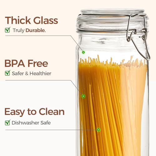 ComSaf Tall Glass Pasta Containers with Airtight Lids 68 oz 3 Pack Canister