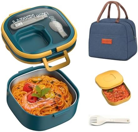 PEDECO Stackable Stainless Steel Bento Box with Insulated bag,Adult & Kids Luch Box,Leak-Proof,1-Tier Bento box,Lunch Box With Portable Sauce Pod and Cutlery-for Teens/Toddler,Dishwasher Safe,Blue