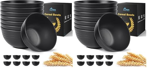 HOTEC BPA Free Unbreakable Wheat Straw Cereal Bowls - Microwave & Dishwasher Safe Soup and Salad Bowls, Set of 8, 26oz, Black (Pack of 2)