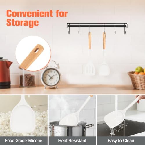 Extra Large Silicone Spatula Turner Set with Wooden Handle (White)