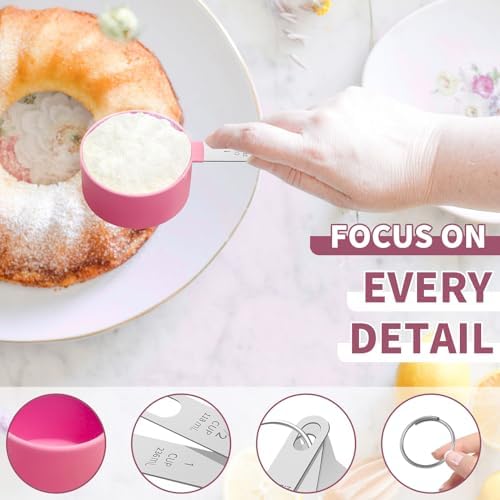 Measuring Cups Set Measuring Spoons Set, Nesting Measure Cups with Stainless Steel Handle, For Measuring Dry and Liquid Ingredients Small Teaspoon with Plastic Head (Pink)