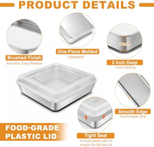 Stainless Steel Baking Pan with Lid, 8 x 8 x 2 Inch Deep Square Cake Pan with Cover, Non-toxic&Healthy Bakeware Set of 2, Easy Clean, Dishwasher & Oven Safe, for Cakes, Brownies(2Pans+2Lids)