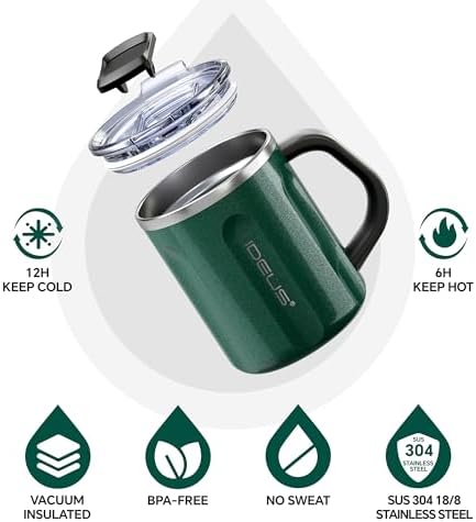 Ideus 16 oz Insulated Coffee Mug with Lid and Handle (Deep Green)
