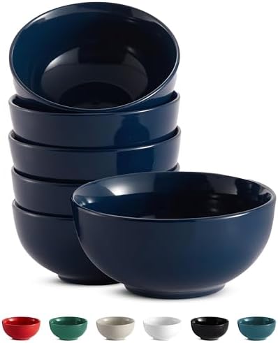 KooK Soup Bowls, Cereal Bowl, Ceramic, Bowls for Kitchen, Microwave, Dishwasher and Freezer Safe, Porcelain Dishes for Pasta, Salad, Oatmeal, Deep Interior, 20 oz, Set of 6, (Navy)