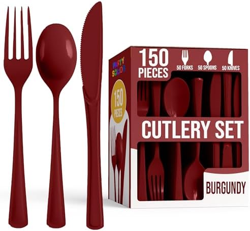 Party Solids Burgundy Plastic Silverware 150 Pcs Burgundy Cutlery Set