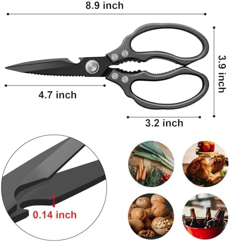 CGBE Kitchen Scissors, Multi-Purpose Kitchen Shears, Heavy Duty Dishwasher Safe Food Scissors for Chicken, Poultry, Fish, Meat & Herbs with Non-Slip Grips - ALL Black