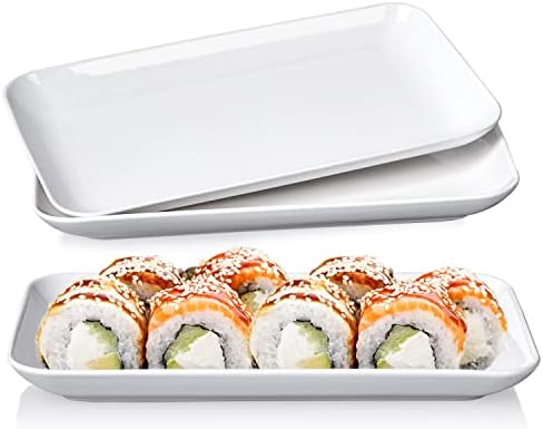 DELLING 8 Inch White Rectangular Plates Set of 3 - Porcelain Serving Platters for Appetizers, Sushi, Dessert - Oven Safe Rectangle Dinner Plates for Party, Restaurant - Stackable Ceramic Dishes