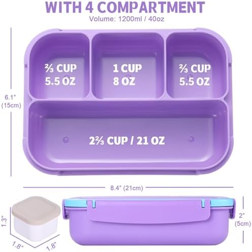 shell and turtle Bento Box for Kids Girls Boys, Bento Box Adult Lunch Box with 4 Compartments, Lunch Containers with Utensils, Sauce Jar, Muffin Liners for School, 40 Oz/5 Cup, Purple
