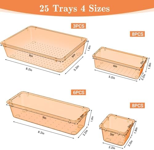SpaceHacks 25 PCS Plastic Drawer Organizer, 4-Size Versatile Organizer Trays & storage Bins