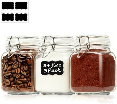 ComSaf Glass Storage Jars 34 oz 3 Pack for Flour Sugar, Coffee Canister