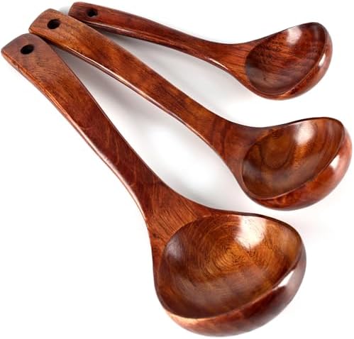 HANSGO Wooden Ladle for Soup, 3 Size Wooden Spoons for Deep Pot & Bowl, Heat Resistant Handles, Non-Stick Wood Kitchen Utensils Set for Cooking, Serving and Stirring Thick Stews, House Warming Gifts