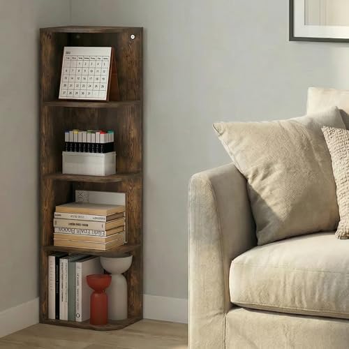 Furinno PASIR Book Shelf, 4-Tier Corner Bookshelf with Open Shelf, Standing Bookcase, 9.3 x 12 x 41.4, for Organization and Storage, for Living Room, Bedroom, Home Office, Amber Pine