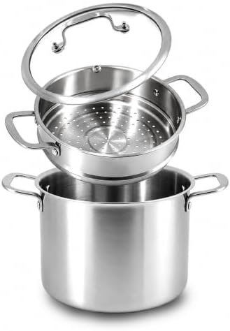 DELARLO 8 Quart Tri-Ply 18/10 Stainless Steel Stock Pot with Steamer