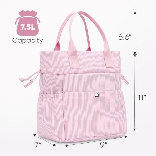 Yarnic Lunch Bag Women Insulated Reusable Lunch Box (Pink Stripes)