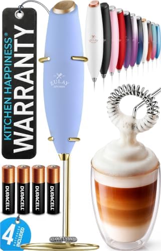Zulay Kitchen Powerful Milk Frother Wand With Duracell Batteries - Ultra Fast Handheld Drink Mixer - Electric Whisk Foam Maker for Coffee, Lattes, Cappuccino & Matcha - Z1 Motor - Blue & Gold