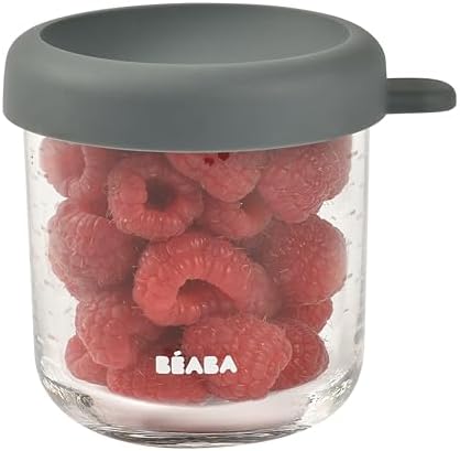 BEABA 8 oz Glass Baby Food Jars with Soft Silicone Air Tight Lids, Glass Storage Containers with Lids, Microwave and Freezer Safe Containers, Mineral