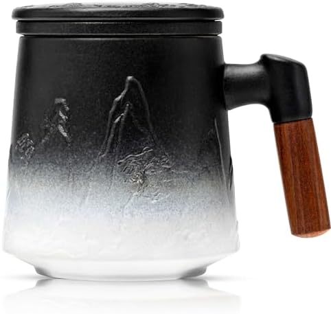 suyika Ceramic Tea Cup with Infuser and Lid, Gradient Embossed Large Tea Mug Wooden Handle for Steeping Loose Leaf, Tea Lover Gifts 15.2 oz / 450 ml,Matte Black