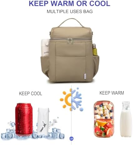 NOL Insulated Lunch Bags for Women Cooler Bag Lightweight Nylon Waterproof Lunch Box for Work Khaki Large 12L