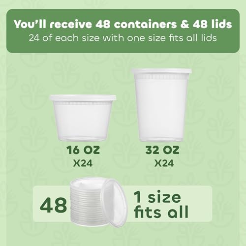 48 Sets Plastic Food Storage Deli Containers w/ Lids 16oz Pint & 32oz Quart