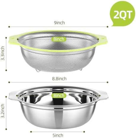 Colander Stainless Steel Microporous, 2QT Rice Strainer with Mixing Bowl, Rice Washer Bowl Set with Handle, Food-Grade Strainers and Colanders for Kitchen, Pasta, Fruit, Dishwasher Safe