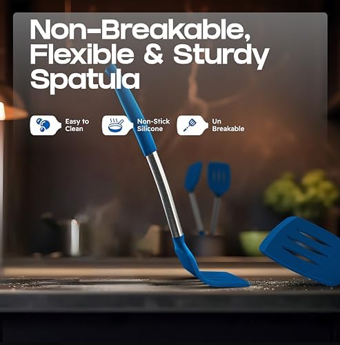 BakeRoyal Silicone Spatula Set - Turner Spatulas Silicone Heat Resistant 600°F - Slotted & Solid Spatula for Cooking Fish, Eggs, Pancakes Flipper – Spatulas for kitchen use – Royal Blue