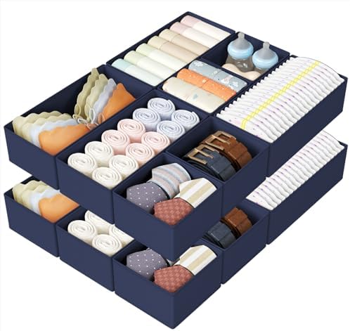 DIMJ Drawer Organizers Clothes, Set of 16 Dresser Organizer Bins, Fabric Closet Organizers and Storage, Shallow Drawer Dividers for Nursery, Clothing, Baby Clothes, Socks, Underwears, Tie (Navy Blue)