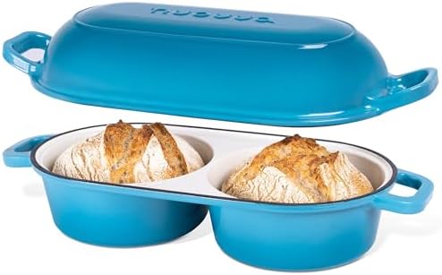 Dutch Oven For Sourdough Bread Baking – Enamelled Cast Iron Bread Loaf Pot – 500°F Oven Safe Non Stick Bread Pot – Double Round Loaf Space, 16.5cm Diameter, Light Blue, – by Nuovva