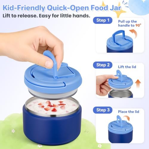 Bento Lunch Box with 8oz Soup Thermo,Kids Leakproof 4 Compartment Lunch Food Containers with Sauce Cup and Ice Pack,Kids Thermo Insulated Hot Food Jar and Lunch Bag for School,Trvael-Blue