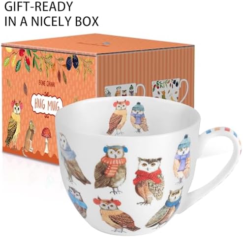 Cute Autumn Owls Coffee Mug, 20 oz Bone China Mugs with Charming Owls in Color Scarves and Hats, Perfect Brithday and Christmas Gift for Bird Enthusiasts, Designed in England by Harvest Green Studio