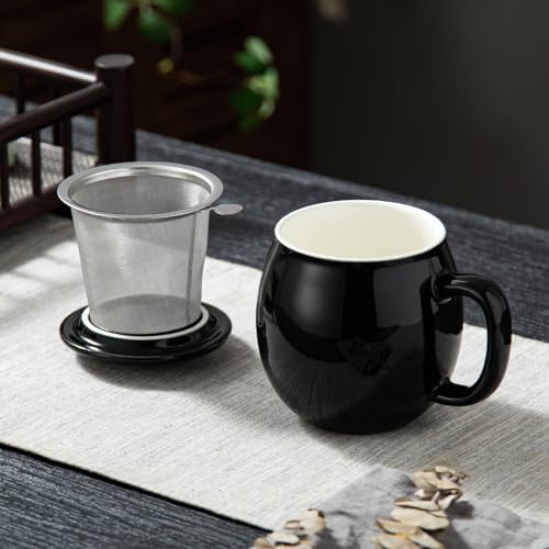Yundu 12 OZ Brilliant Black Ceramics Teacup with Infuser and Lid, Mug with Lid for Steeping - Stainless Steel Infuser for Loose Leaf Tea, Home Office Gift for Tea Lovers