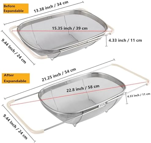 AJIODA Over The Sink Colander, 6 Quarts Stainless Steel Oval Colander with Expandable Rubber Grip Handle, Fine Mesh Strainer Baskets Kitchen Colanders for Strain, Drain, Rinse Vegetable, Fruits, Beige