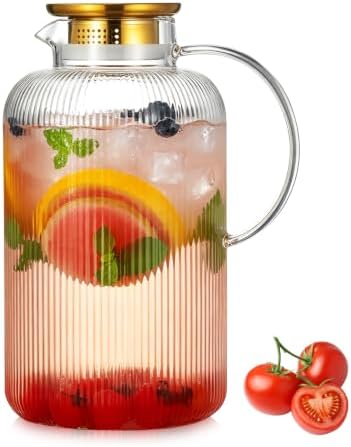 Buaic Glass Pitcher with Lid,128 oz Classic Vertical Stripes Water Pitcher