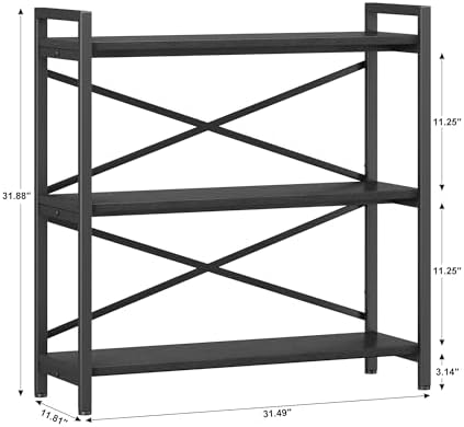 Homeiju 3 Tier Bookshelf 31.49" Width, Wood and Metal Etagere Bookcase, Vintage Farmhouse Modern Wooden Big Book Shelf for Home Living Room Bedroom Office Storage(Black)