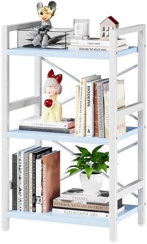 Homeiju Bookshelf, 3 Tier Industrial Bookcase, Metal Small Bookcase, Rustic Etagere Book Shelf Storage Organizer for Living Room, Bedroom, and Home Office(Blue) Patent Pending D29873033