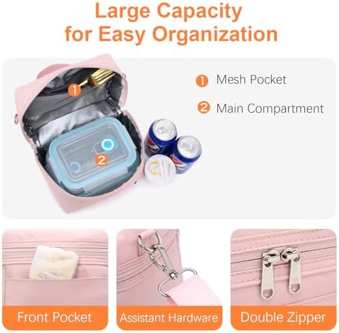 NOL Insulated Lunch Bags for Women Cooler Bag Lightweight Nylon Waterproof Lunch Box For Work - Small, Pink