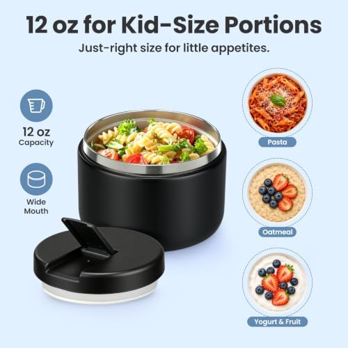 Pawtong 12oz Insulated Vacuum Food Jar with Buckle Lid Wide Mouth Soup Thermo for Hot Food Kids Leakproof Stainless Steel Lunch Container- Black- 1Pack