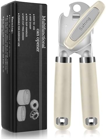 Safring Can Opener Manual, Heavy Duty Handheld Strong Can Opener with Soft Touch Handle, Sharp Blade Smooth Edge, Can Openers with Multifunctional Bottle Opener, Beige