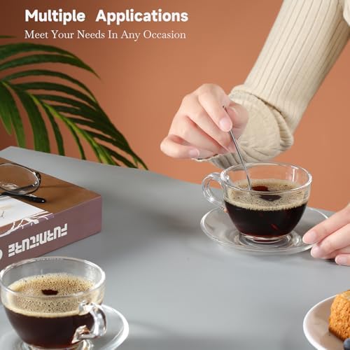 Glass Teacup and Saucer Set, 6 Pack Coffee Mug with Stainless Steel Spoon Suitable for Espresso Juice Cappuccino and More Beverage, 7OZ/210ML, Clear