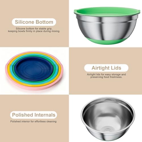ENVTEK Stainless Steel Mixing Bowls Set with Lids,Silicone Bottoms,Colorful